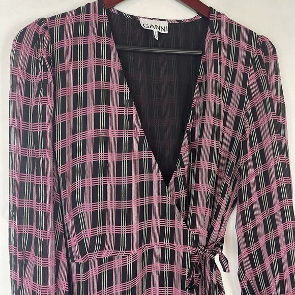 Ganni size EU 38 US 6 pink black Checked georgette mini wrap dress long sleeve - Picture 8 of 11